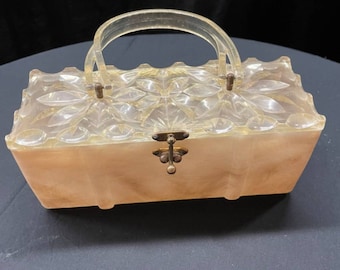 Vintage Rectangular Lucite Box Purse with Engraved Lid