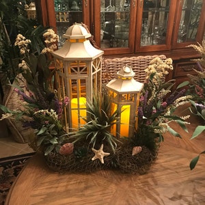 Handmade Custom Lantern Nautical Centerpieces with silk flowers, seashells, starfish, and fishnet image 1