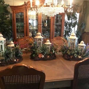 Handmade Custom Lantern Nautical Centerpieces with silk flowers, seashells, starfish, and fishnet image 7