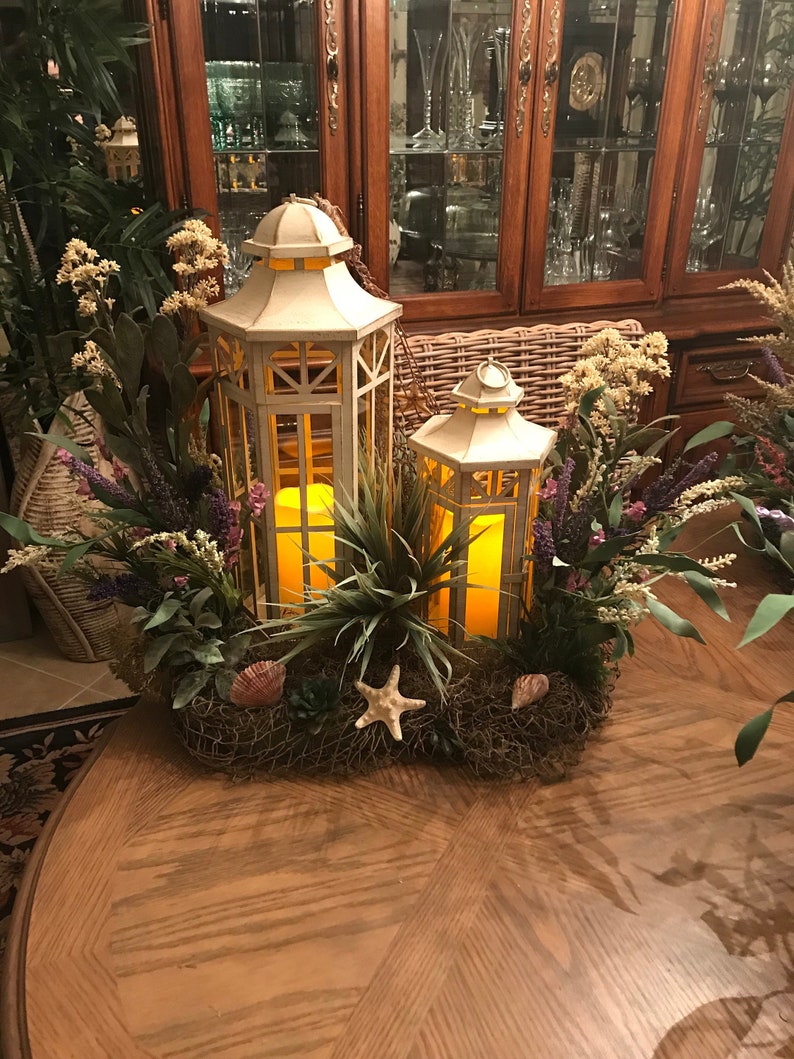 Handmade Custom Lantern Nautical Centerpieces with silk flowers, seashells, starfish, and fishnet image 1