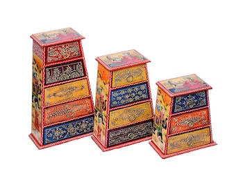 Houten piramidevorm lade, 3 stuks lade, Mughal geschilderde lade, Indiase handgemaakte lade, handgeschilderde pronkstuk lade, cadeau-item