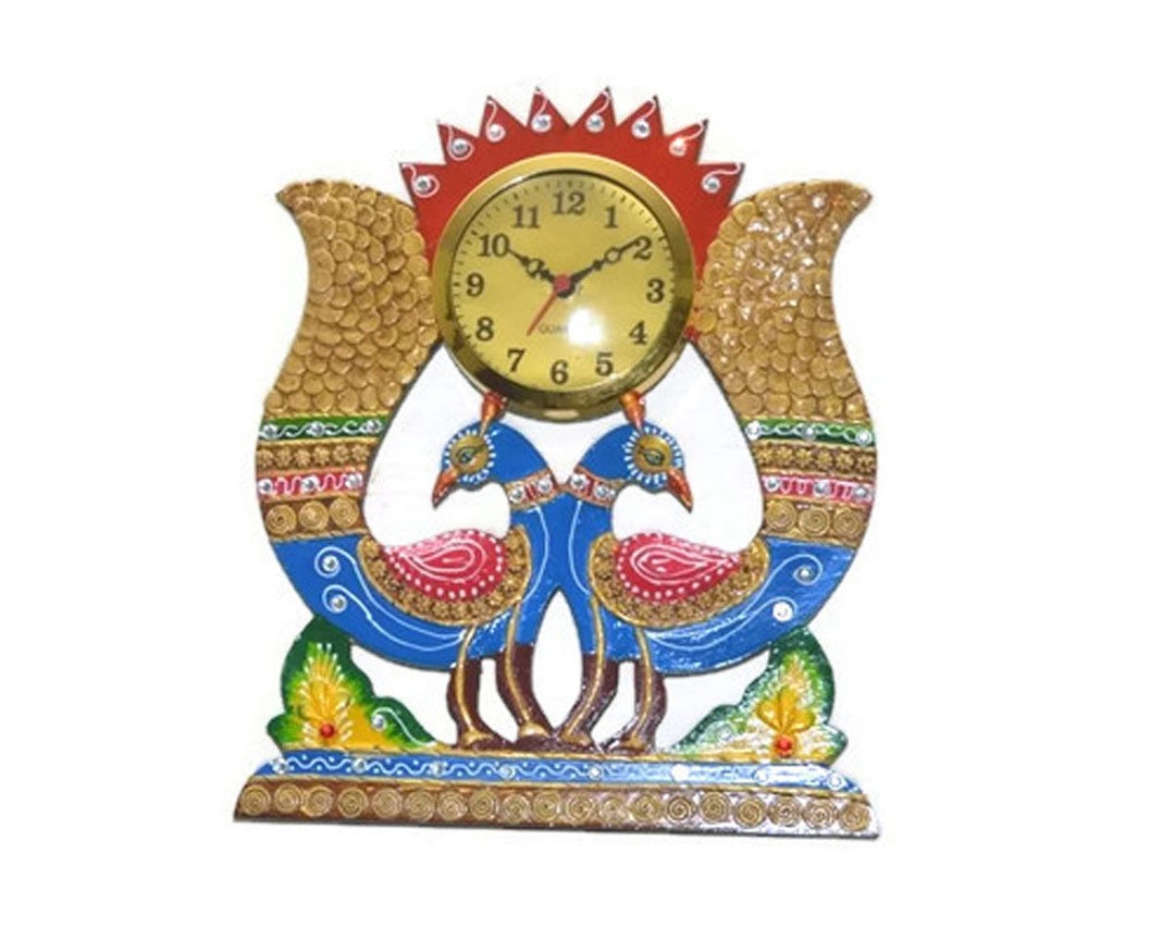 Handmade Wooden Peacock Shape Wall Clock Home Decor, Wedding Gift Clock, Embossed Painted Wall