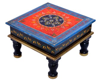 Indian Handmade Wooden Painted Multi Color Bajot (Chowki) / Foot Stool Pooja Use Home Decor, Baby Sitter Stool, Embossed Painted Stool