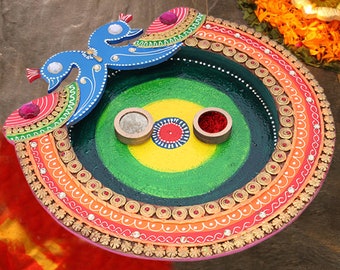 Indian Handicraft Wooden Painted Peacock Shape Pooja Thali With 2 Bowl Small Home Decor, Embossed Painted Thali, Gift Pooja Thali Decor