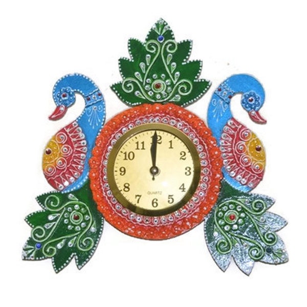 Beautiful Handmade Wooden Peacock Shape Wall Clock Home Decor, Wedding Gift Clock, Embossed Painted Peacock Design Wall Clock Wall Decor