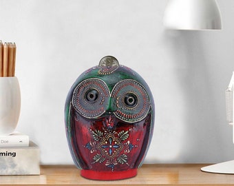 Indian Hand Crafted Wooden Hand Painted Owl Shape Coin Box Home Decor, Money Bank, Kids Coin Box, Embossed Painted Coin Box, Birthday Gift