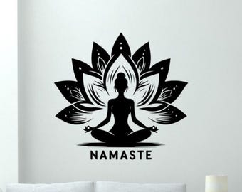 Calcomanía de vinilo para pared con diseño de Namaste, símbolo de meditación, postura de loto, relajación, arte de pared, hinduismo, signo Om, yoga, Namaste, póster decorativo, regalo hindú 4270
