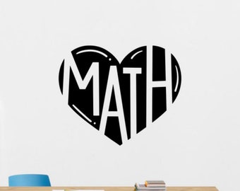 May include: A black heart-shaped graphic with the word "MATH" in white letters. The design is on a white wall, above a wooden desk with blue chairs. The image is suitable for a classroom or home office.