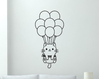 Balloon Cat Wall Decal Vinyl Sticker Wall Art Kitten Birthday Sign Kids Baby Room Decor Nursery Poster Mural Gift Print Stencil 2515