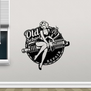 Old School Pin Up Girl Decalcomania da muro Adesivo in vinile Riparazione Wall Art Retro Pinup Girl Decor Room Sign Poster Murale Regalo 2639