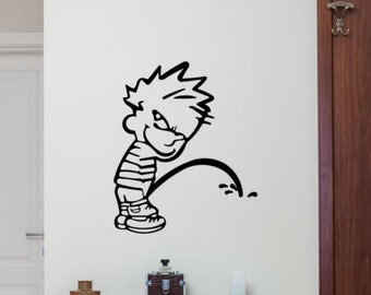 Calcomanía de vinilo para orinar de niño, pegatina de pared de Calvin orinar, arte de pared, letrero divertido, decoración, póster para inodoro, regalo, Mural con plantilla para baño 2622