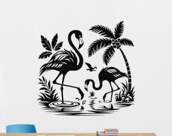 Calcomanía de vinilo para pared con diseño de flamenco, letrero de flamenco, decoración de animales tropicales, póster de palmera, regalo, calcomanía para ventana de coche 4278