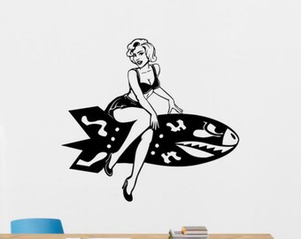 Pin Up Girl on Bomb Wall Decal Vinyl Sticker Woman on Rocket Wall Art Retro Pinup Girl Decor Room Sign Military Poster Mural Gift 2640