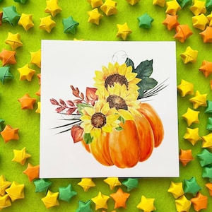 Citrouille tournesol, Cottagecore, Automne, automne, Halloween, carte postale carrée, papeterie, aquarelle, Estampe, correspondant