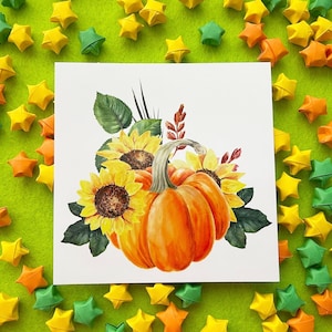 Citrouille tournesol, Cottagecore, Automne, automne, Halloween, aquarelle, Estampe, correspondant, carte postale carrée