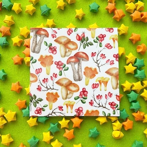 Chanterelle champignon & baies, Cottagecore , Cueillette, Automne, automne, Halloween, papeterie, aquarelle, Estampe, correspondant, carte postale carrée