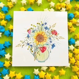Ramo floral de girasol, postal brillante premium A6, primavera, verano, papelería, arte de acuarela, Impresión