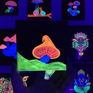 Magic Mushroom Wizard - Dipinto originale psichedelico su tela al neon - Ultravioletto - Fluorescente - Luce nera, Halloween
