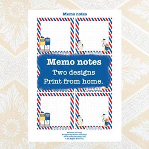 May include: A printable sheet of memo notes featuring four rectangular sections with red and blue striped borders. The design includes illustrations of mailboxes and seagulls wearing hats. The text reads Memo notes, Two designs, Print from home.