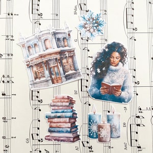 Róisín, chica de la biblioteca de invierno, paquete de pegatinas para planificador, paquete de 5, bullet journal, diario, pegatinas de papel mate, amistad por correspondencia, scrapbooking
