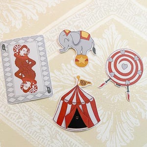 Spectacle de cirque sombre, autocollants découpés, lot de 4, papeterie, cirque, tente, bouffon, roue de couteaux, Freak Show, agenda, journal, album de coupures, bujo