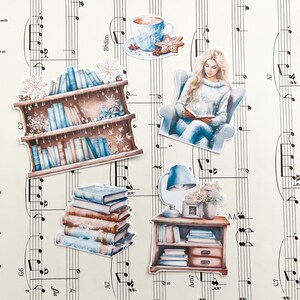 Claire, Winter library book girl, confezione di adesivi per planner, confezione da 5, bullet journal, journaling, adesivi su carta opaca, penpalling, scrapbooking