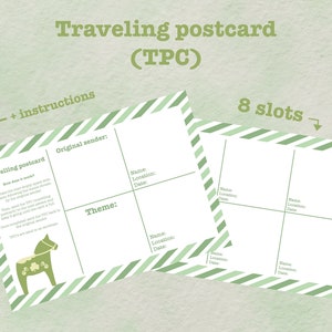 Traveling postcard, 8 mark slots, TPC, Penpal, Postcrossing, dalahorse, sticker mail, travel, single cards, bundle deal of 5, Green
