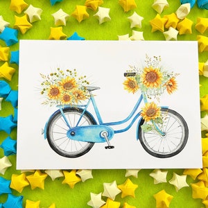 Tarjeta floral de girasol, postal brillante premium A6, primavera, verano, papelería, arte de acuarela, Impresión