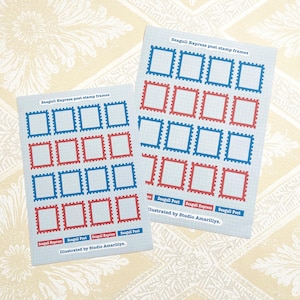 Puede incluir: Dos tarjetas rectangulares con marcos de sellos postales azules y rojos. El texto "Seagull Express post stamp frames" está en la parte superior. La parte inferior de las tarjetas dice "Illustrated by Studio Amarillys."