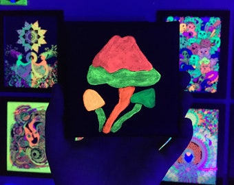 Pink Magic Mushroom - Original Neon Psychedelic canvas painting - Ultraviolet - Fluorescent - Blacklight, halloween