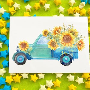 Coche floral de girasol, postal brillante premium A6, primavera, verano, papelería, arte de acuarela, Imprimir
