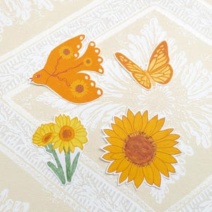 Uccello girasole, arancione, autunno, scandinavo, confezione di adesivi fustellati in carta, cancelleria, pianificatore felice, diario, corrispondenza, album, kindle