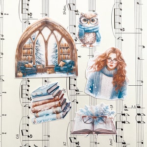 Emilia, Chica del libro de la biblioteca de invierno, paquete de pegatinas del planificador, paquete de 5, diario de viñetas, diario, pegatina de papel mate, penpalling, scrapbooking