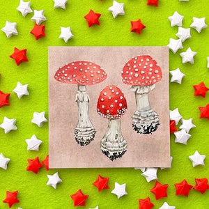 Woodland Amanita Muscaria, Fly Agaric, Mushroom, Foraging, Autumn, fall, stationary, watercolour art, Print, penpal, square postcard
