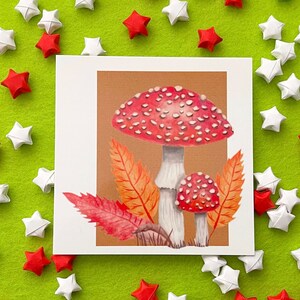 Woodland Amanita Muscaria, Fly Agaric, Mushroom, Foraging, Autumn, fall, stationary, watercolour art, Print, penpal, square postcard
