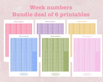 Week numbers bundle deal of 6 printable sticker sheets, Digital download, bujo, happy planner, pastel spring, 55 weeks, 750 stickers