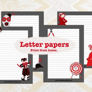 May include: Four printable letter papers featuring red and black clown characters with a white background and gray borders. The text "Letter papers" and "Print from home." is included in the image.