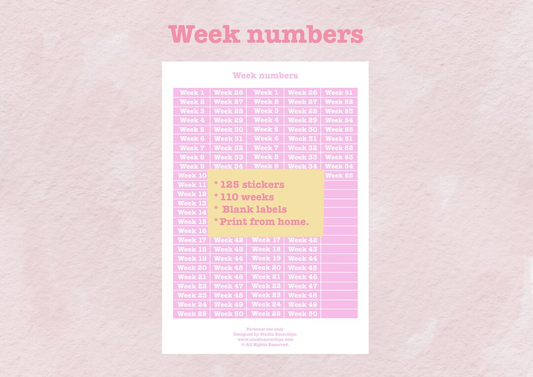 Printable Week Number Planner Stickers, Spring Pastel, 55 Weeks, 125 ...