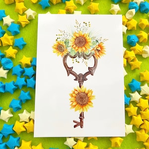 Clé florale tournesol, carte postale brillante A6 premium, printemps, été, papeterie, aquarelle, Impression