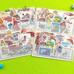 35 pièces, éphémères vintage au pays des merveilles, cartes postales suédoises, vélin, scrapbooking, journalisation, timbres, champignons, autocollants, pochettes, liasses