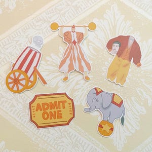 Circus show, die cut stickers, pack of 5, stationary, clowns, Freak Show, strong man, elephant, tickets, canon, planner, journal, scrapbook