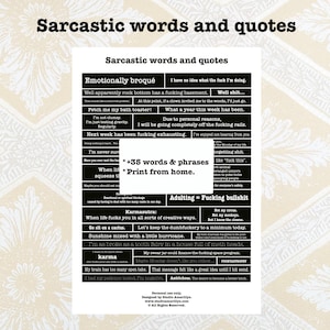 May include: A black and white printable poster with a list of sarcastic words and phrases. The poster is titled "Sarcastic words and quotes".