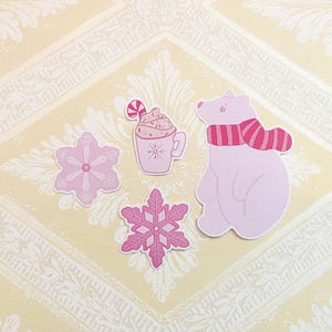 Orso polare accogliente, confezione di adesivi, set da 4, cioccolata calda, maglione, inverno, Natale, cancelleria, pianificatore, diario, bujo, orsacchiotto, fiocchi di neve