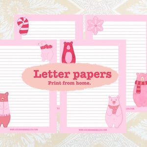 Papeles de carta de invierno con motivos de osos, 4 diseños, ositos acogedores, copos de nieve, forrados, papelería, bloc de notas, escritura, correo postal, imprimibles, descarga digital