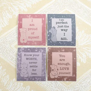 Tarjetas de afirmaciones, positividad corporal, amor propio, salud mental, empoderamiento, paquete de pegatinas, juego de 4, papelería, planificador, diario, decoración.