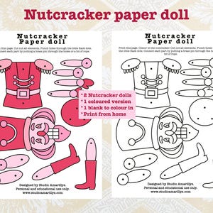 Puede incluir: Modelo de muñeca de papel imprimible de un Cascanueces. El conjunto incluye dos muñecas, una en rosa y otra en blanco y negro para colorear. Las muñecas están hechas de piezas separadas que se pueden conectar con tachuelas o cuerda.
