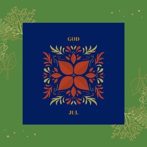 God Jul, Natal sueco, arte popular escandinava, cartão postal quadrado fosco premium, design nórdico, troca de cartão postal, amigo por correspondência, papel de carta
