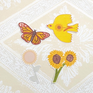 Uccello girasole, giallo, autunno, scandinavo, confezione di adesivi fustellati in carta, cancelleria, pianificatore felice, diario, corrispondenza, album, kindle