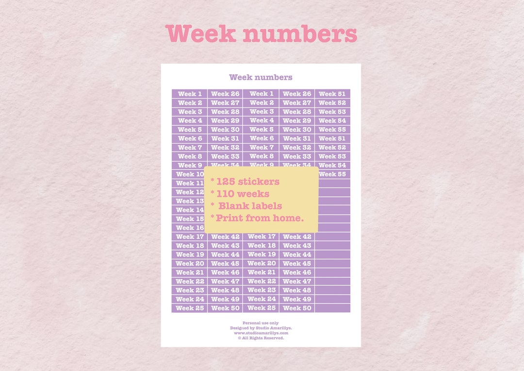 Weekly Number Form Printable Week Number Planner Stickers, Spring Pastel, 55 Weeks, 125 ...