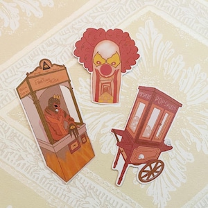 Collations et manèges de cirque, autocollants découpés, lot de 3, clown, Freak Show, diseuse de bonne aventure, têtes de mort pop-corn, agenda, journal intime, album de coupures, bujo